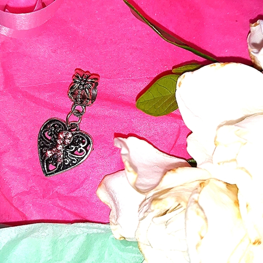 Heart shape ribbon Charm silver filligree pink crystal hope  Cancer Survivor NEW